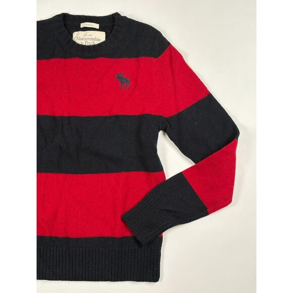 Abercrombie Sweater Mens Muscle Fit 100% Wool Size M Red Navy Striped Vintage - Picture 1 of 5